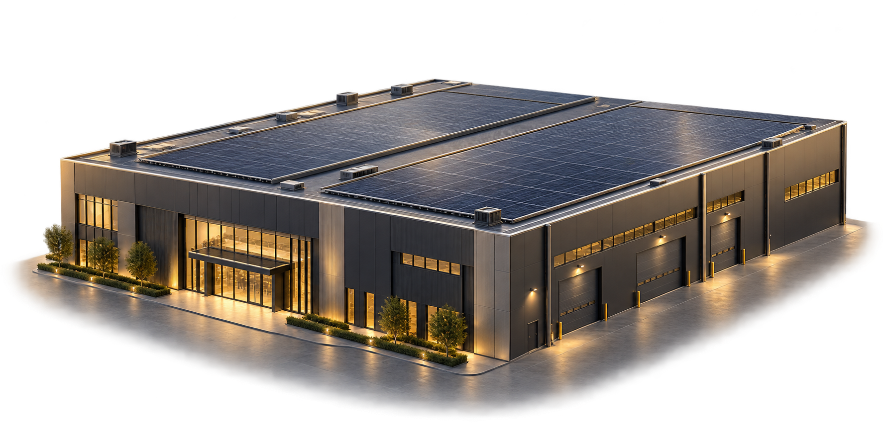 Render 3D di un edificio aziendale con impianto fotovoltaico sul tetto